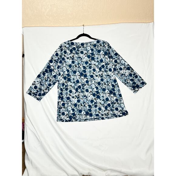 Chico's Easy Wear size 2 blue/white tunic abstract liquid knit office travel - Picture 2 of 6